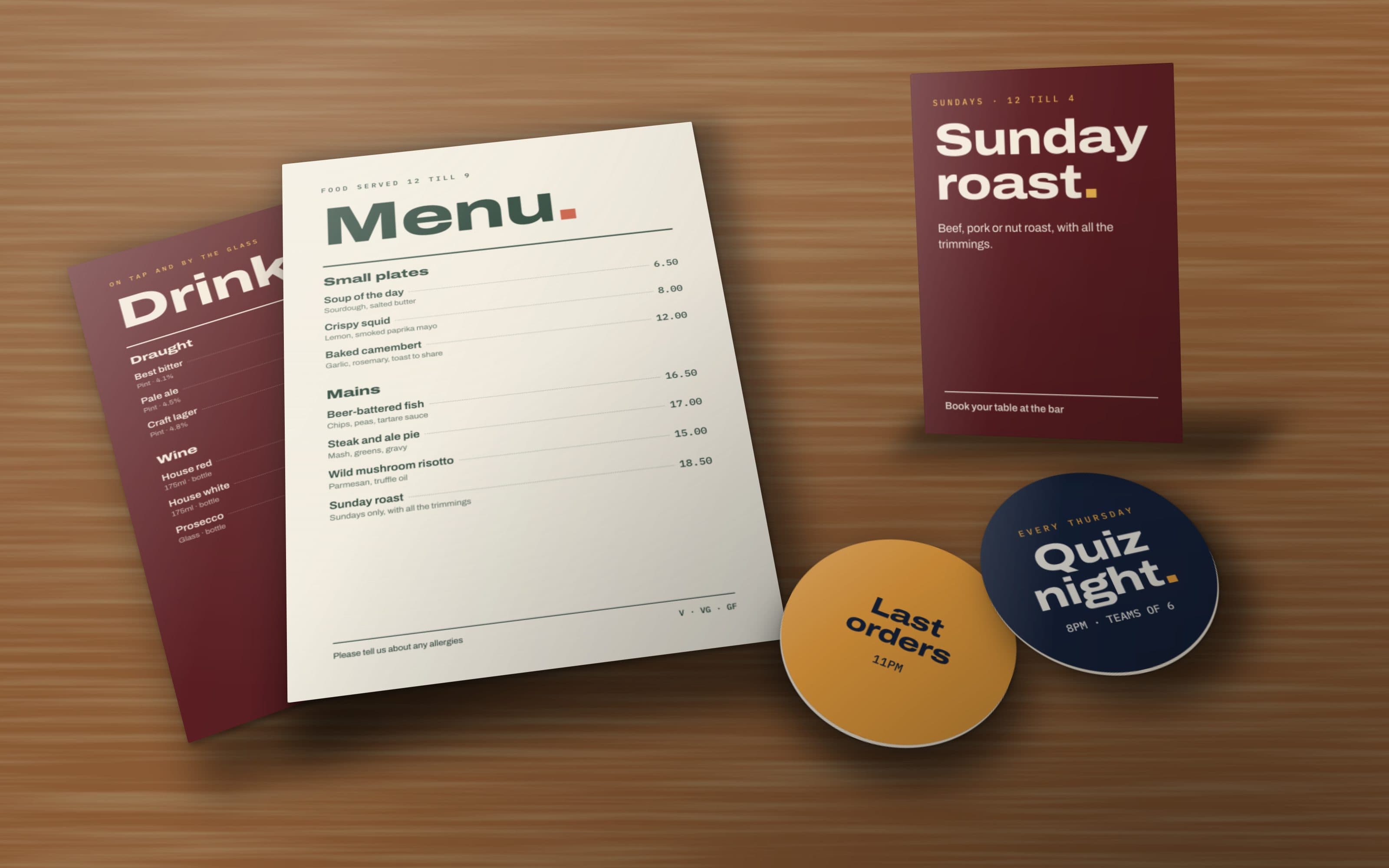Sample designs printed as a menu, a drinks list, beermats and a table talker, on a pub table