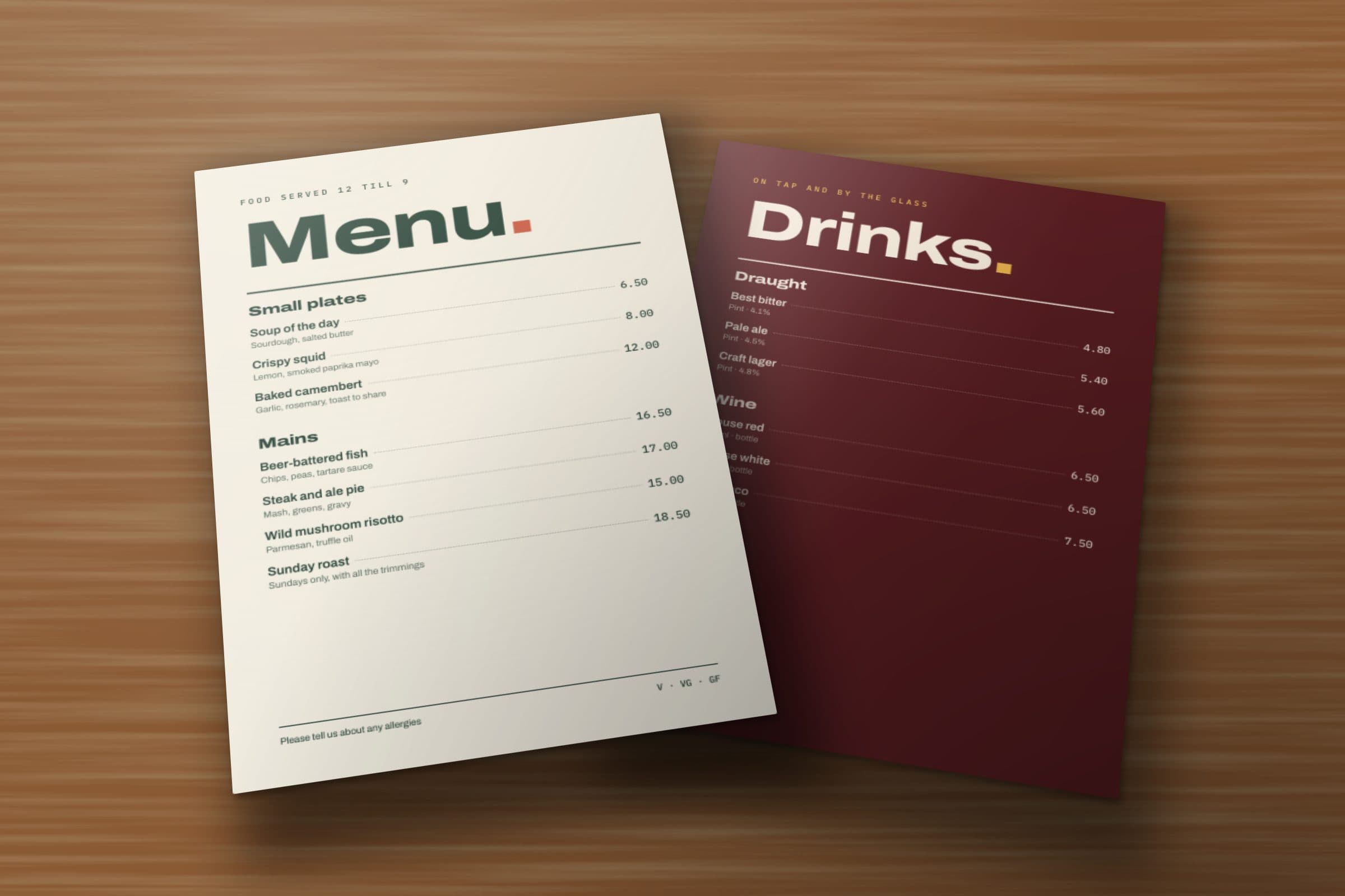 Sample menus design